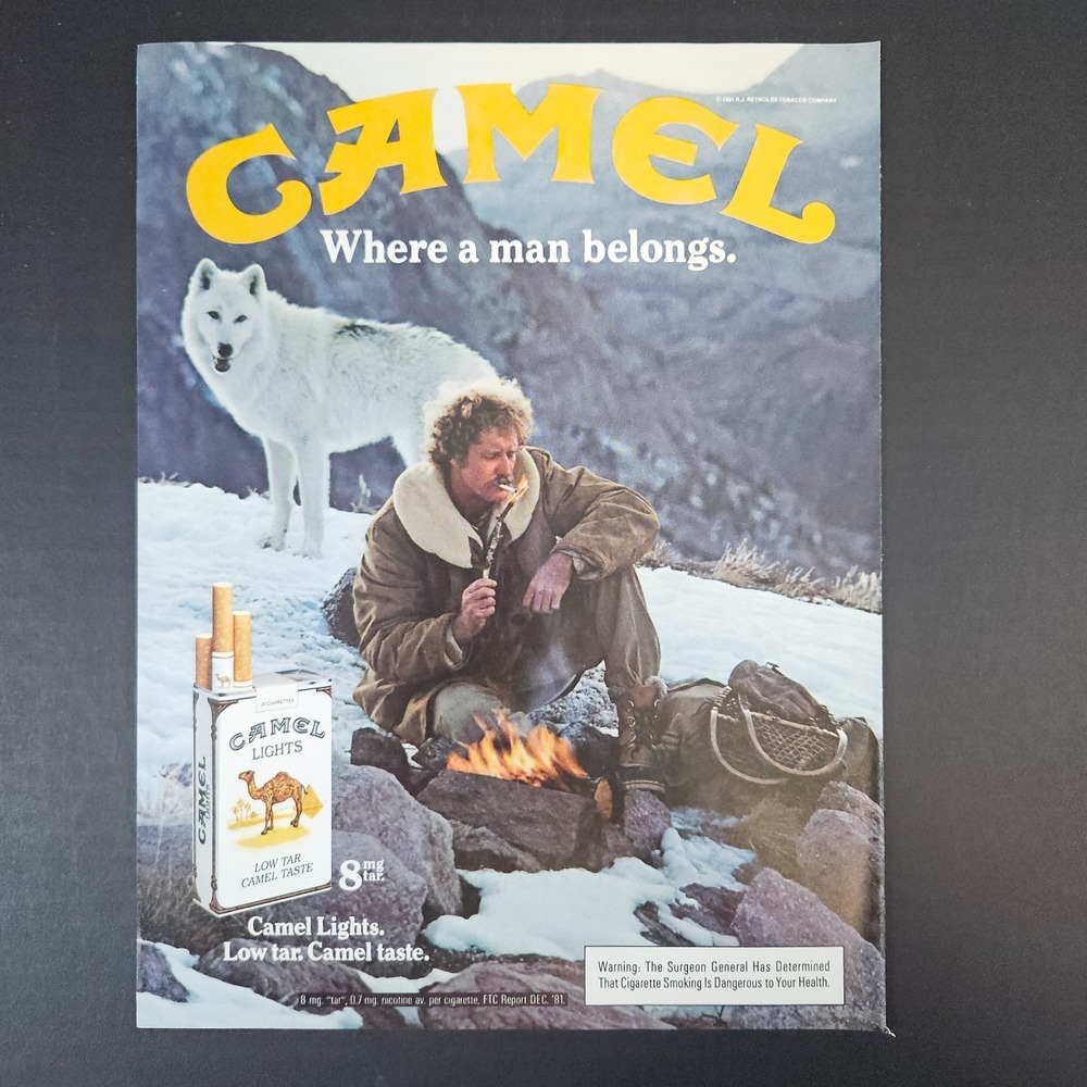 1981 RJ Reynolds Camel Cigarettes Vintage Print Ad Man‎ Campfire Wolf Mountains
